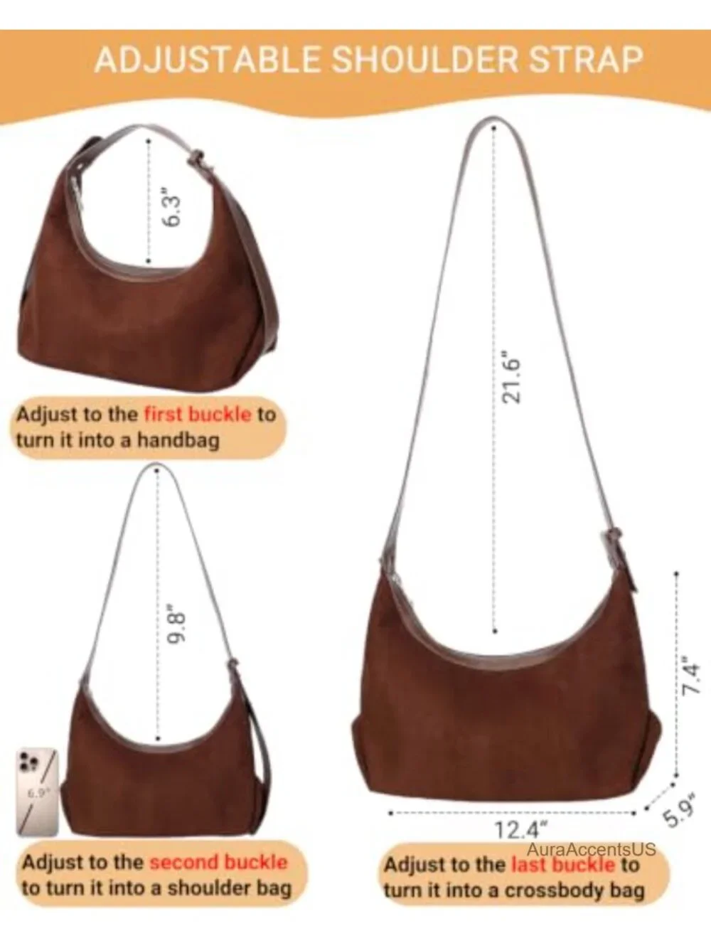 Faux Suede Crescent Hobo Bag Adjustable Crossbody Shoulder Purse